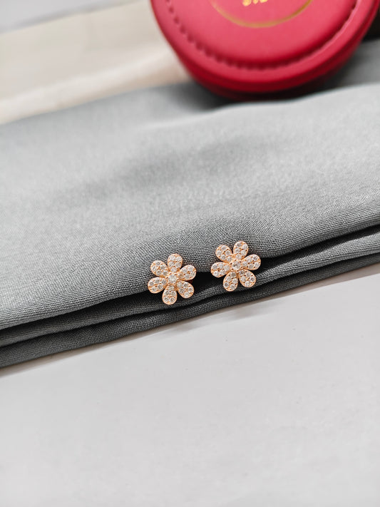 925 Silver Rose Gold Flower White Stone Earrings