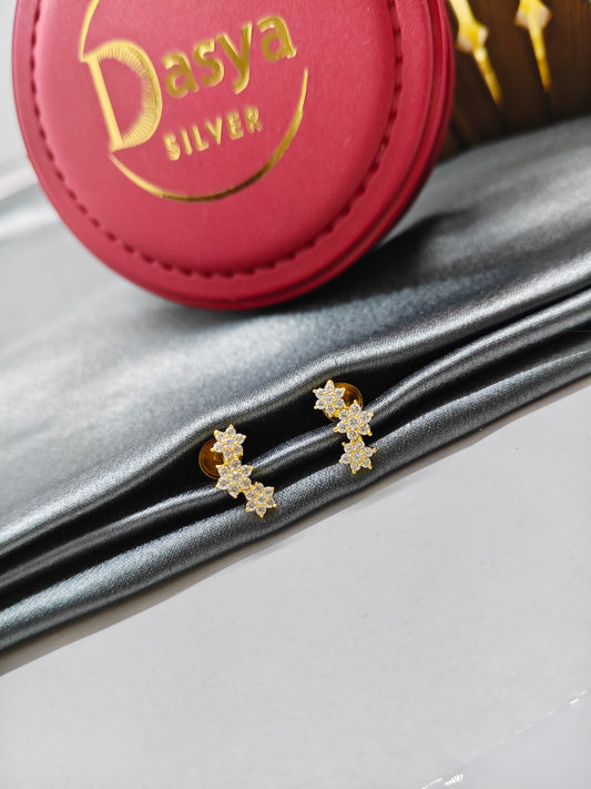 925 Silver Gold 3 Star Design With White Stone Earrings
