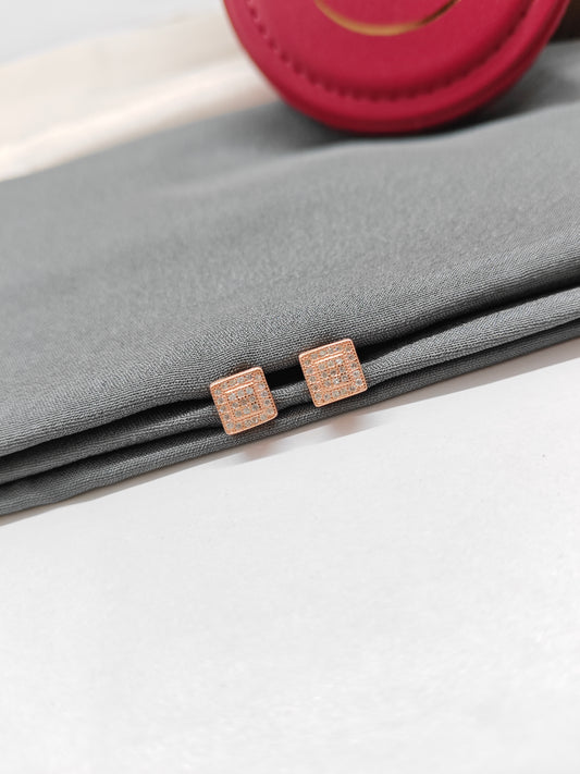 925 Silver Rose Gold Double Square White Stone Earrings
