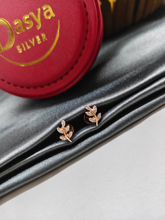 925 Silver Rose Gold Leaf Design With White Stone Earrings