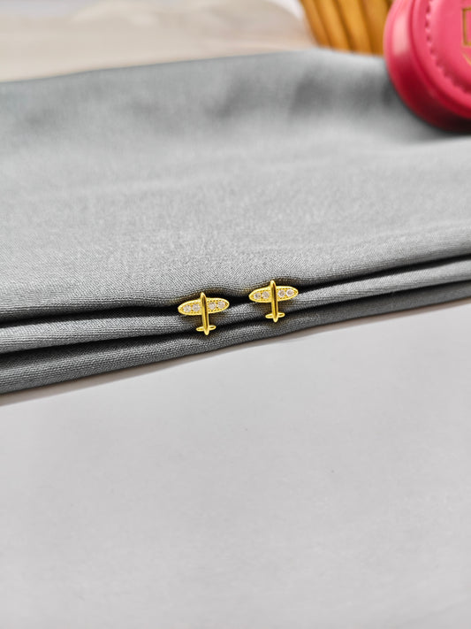 925 Silver Gold Colour Small Aeroplane Earrings