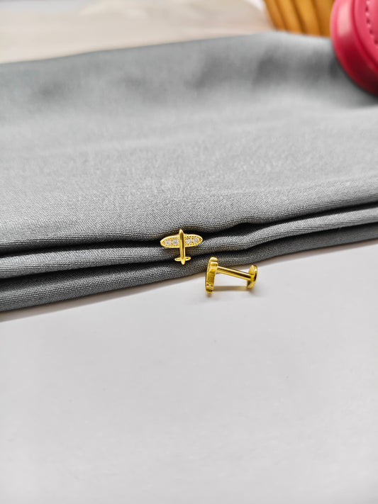 925 Silver Gold Colour Small Aeroplane Earrings