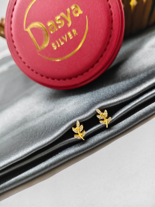 925 Silver Gold Leaf Design With White Stone Earrings