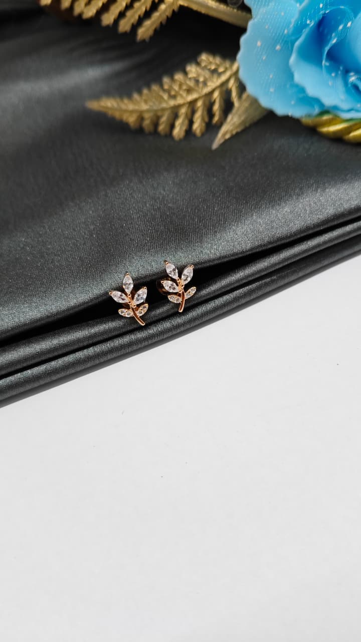 925 Silver Rose Gold Leaf Design With White Stone Earrings