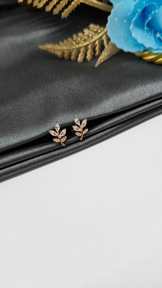 925 Silver Rose Gold Leaf Design With White Stone Earrings