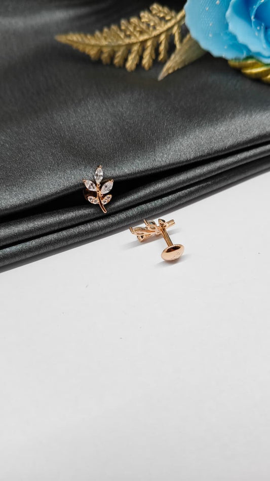 925 Silver Rose Gold Leaf Design With White Stone Earrings