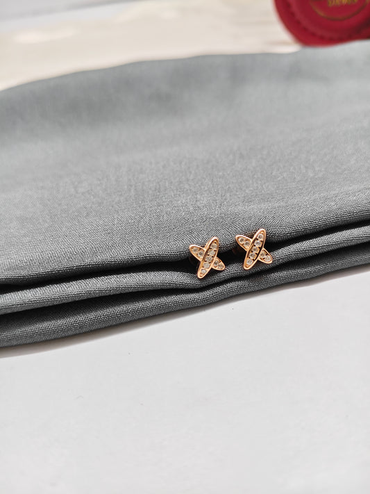 925 Silver Rose Gold Small X White Stone Design Earrings