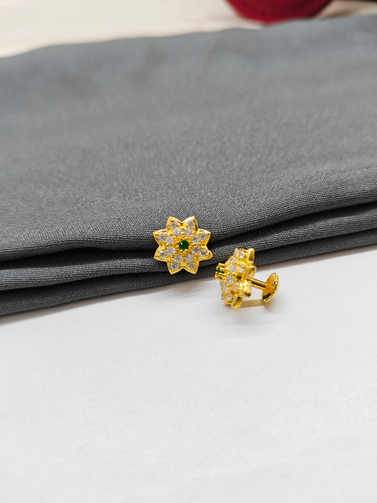 925 Silver Gold Colour Emerald With Stone Double Star Design Earrings
