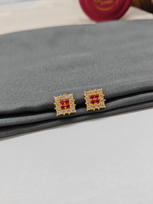 925 Silver Gold Colour Ruby With White Stone Square Design Earrings