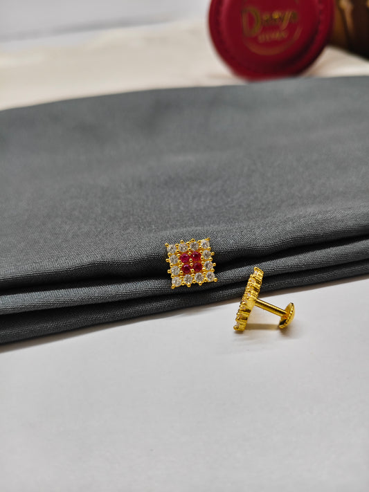 925 Silver Gold Colour Ruby With White Stone Square Design Earrings