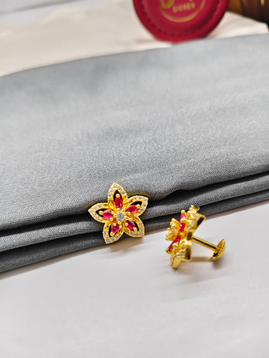925 Silver Gold Colour Ruby With White Stone Star Big Design Earrings