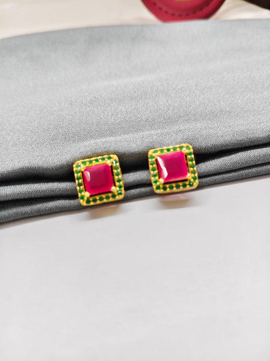 925 Silver Gold Colour Big Ruby With White Stone Square Design Earrings