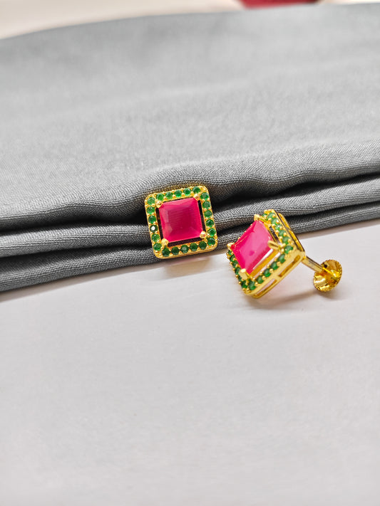 925 Silver Gold Colour Big Ruby With White Stone Square Design Earrings