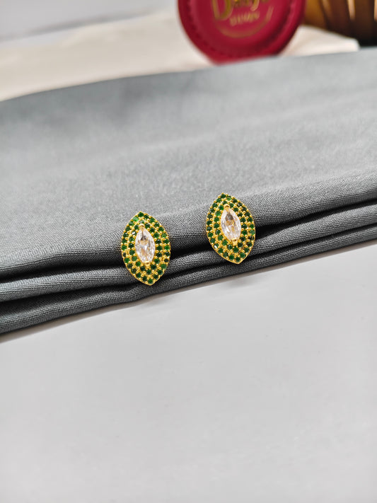 925 Silver Gold Colour Big Oval White With Emerald Stone Earrings