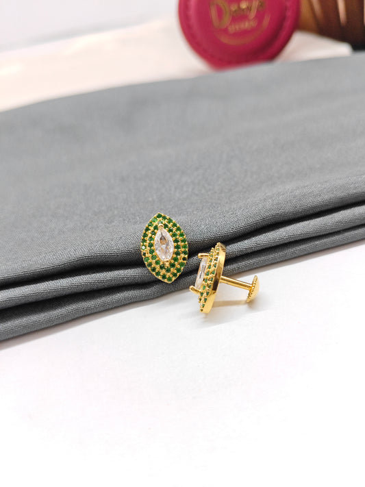 925 Silver Gold Colour Big Oval White With Emerald Stone Earrings