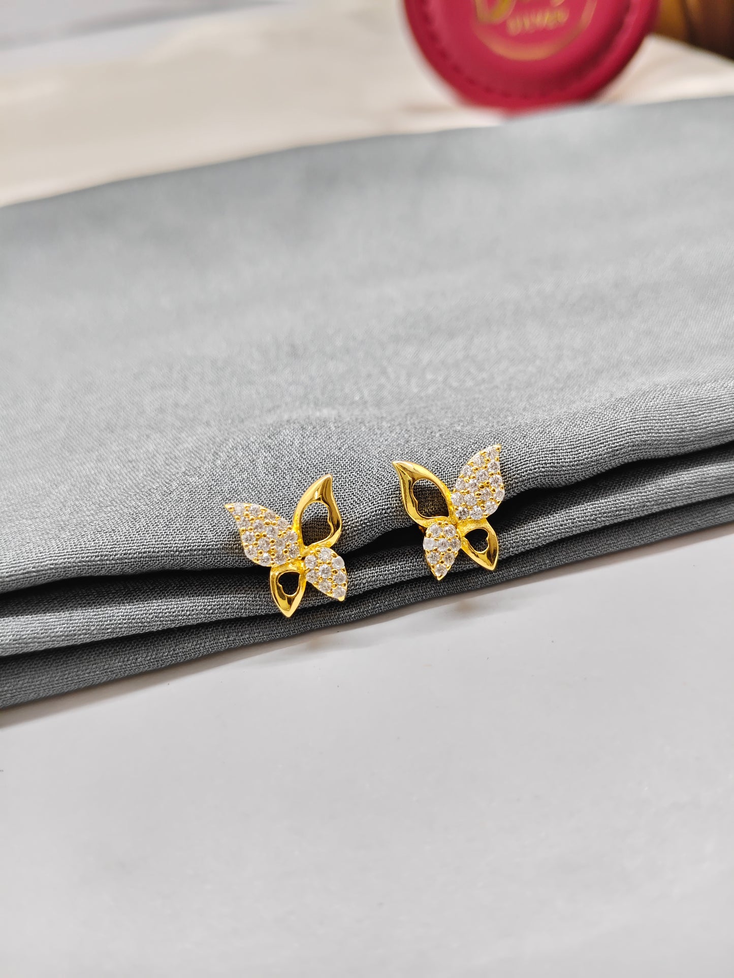 925 Silver Gold Colour Big Butterfly Half White Stone Earrings