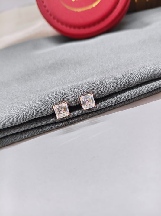 925 Silver Rose Gold Box Design Solitaire White Stone Earrings