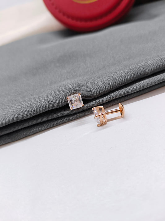 925 Silver Rose Gold Box Design Solitaire White Stone Earrings