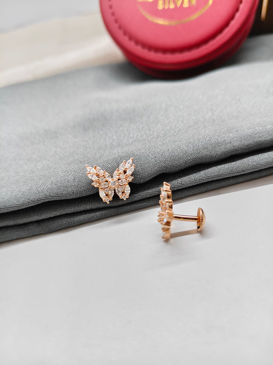 925 Silver Rose Gold Full White Stone Big Butterfly Design Earrings