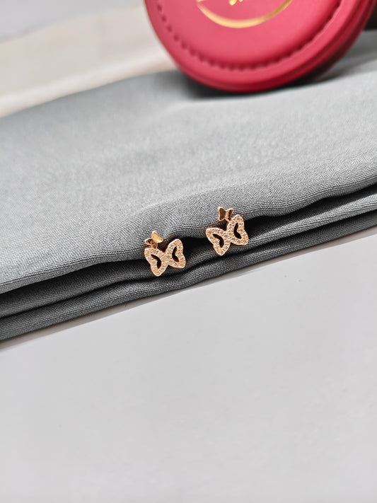 925 Silver Rose Gold White Stone Double Butterfly Design Earrings