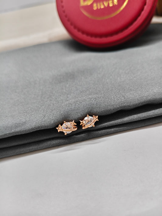 925 Silver Rose Gold Single Stone Star with Globe Design Earrings