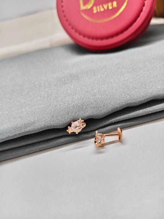 925 Silver Rose Gold Single Stone Star with Globe Design Earrings