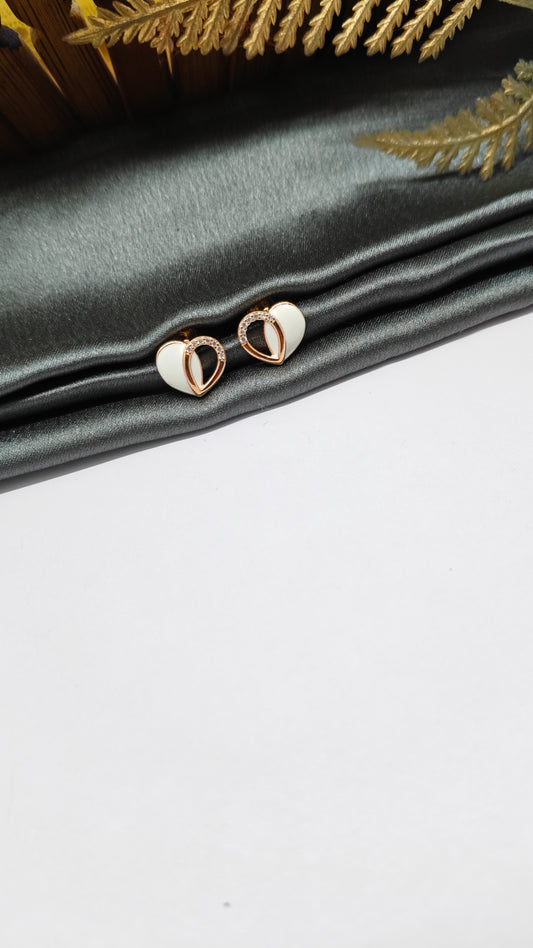 925 Silver Rose Gold Heart Design White Enamel With White Stone Earrings