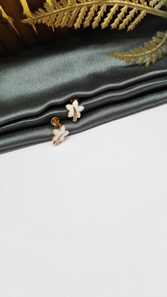 925 Silver Rose Gold Leaf Design White Enamel With White Stone Earrings