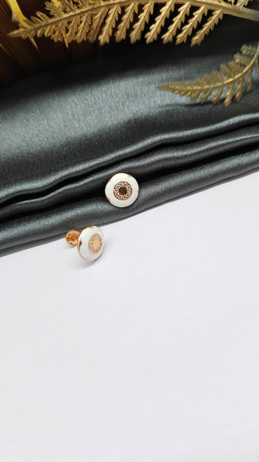 925 Silver Rose Gold Flower Design White Enamel With White Stone Earrings