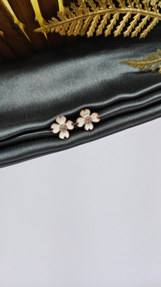 925 Silver Rose Gold Flower Design White Enamel With White Stone Earrings