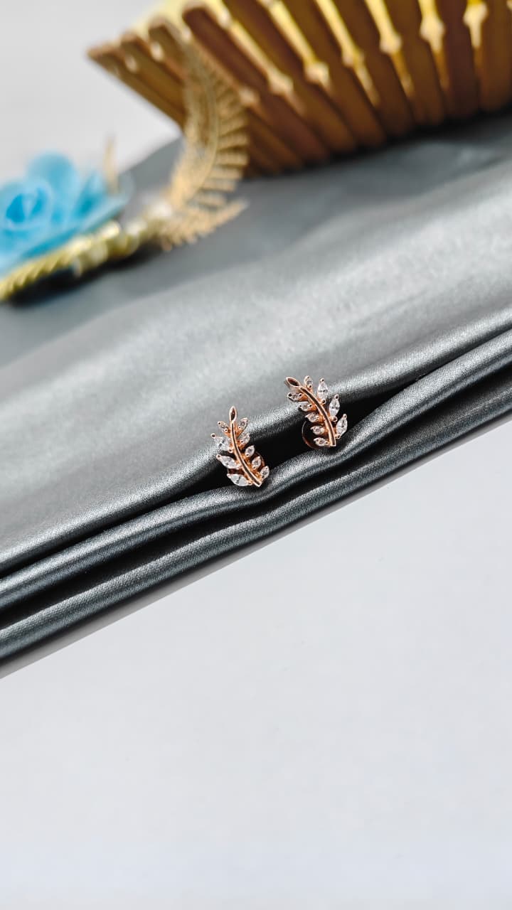 925 Silver Rose Gold Big Leaf White Stone Design Earrings
