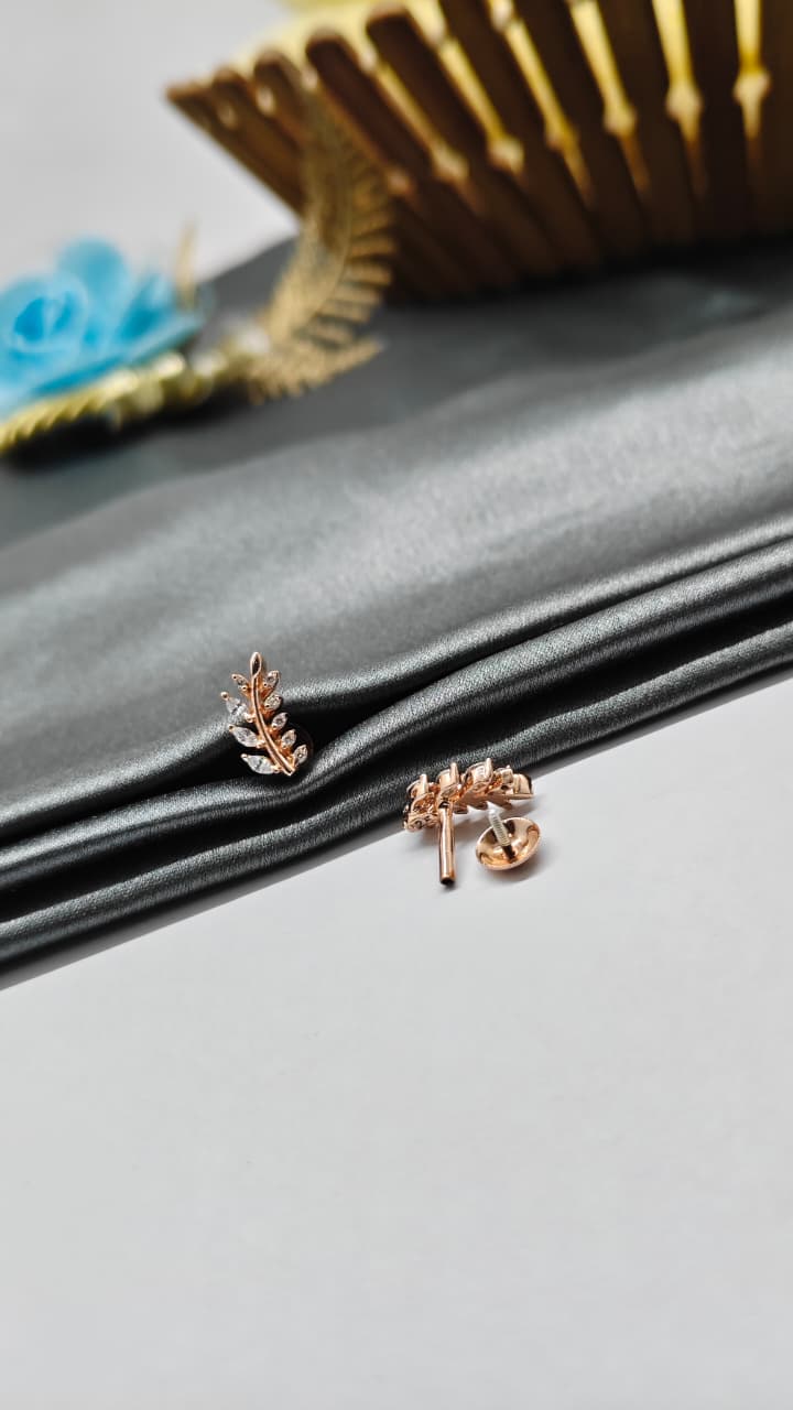 925 Silver Rose Gold Big Leaf White Stone Design Earrings