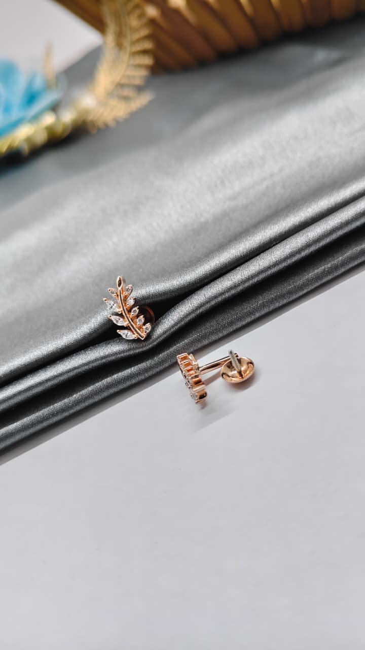 925 Silver Rose Gold Big Leaf White Stone Design Earrings