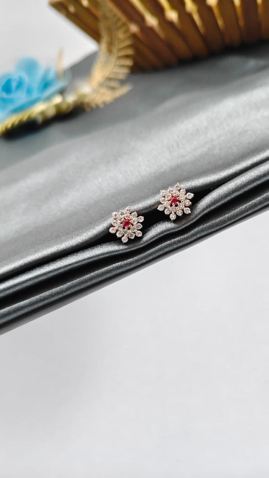 925 Silver Rose Gold 1 Red Stone With Multiple White Stone Design Earrings