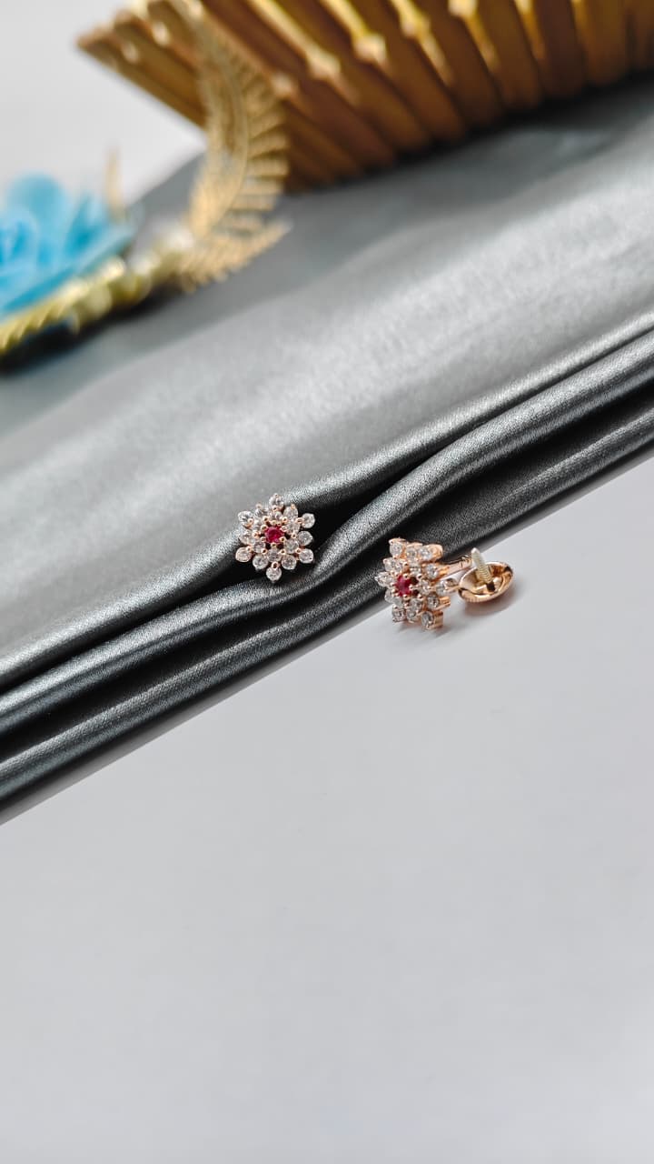 925 Silver Rose Gold 1 Red Stone With Multiple White Stone Design Earrings