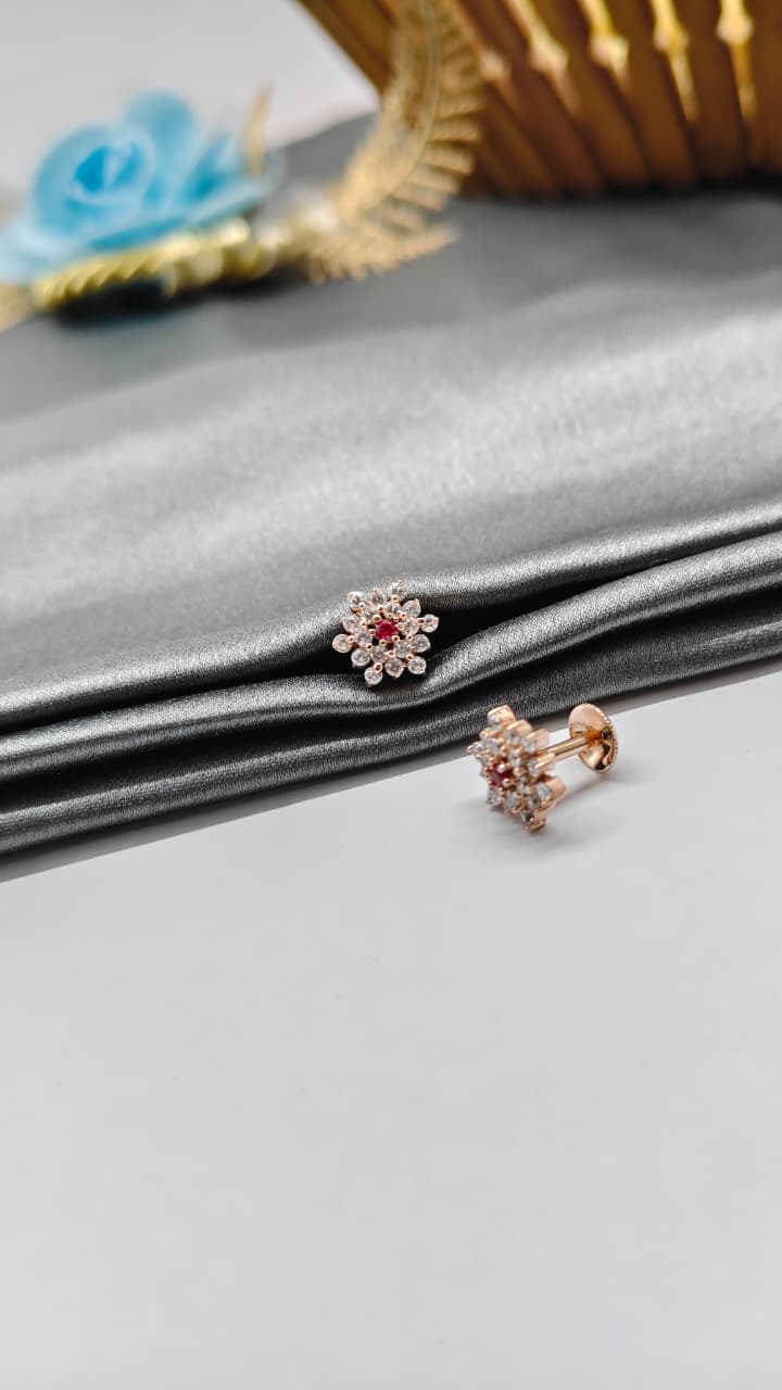 925 Silver Rose Gold 1 Red Stone With Multiple White Stone Design Earrings