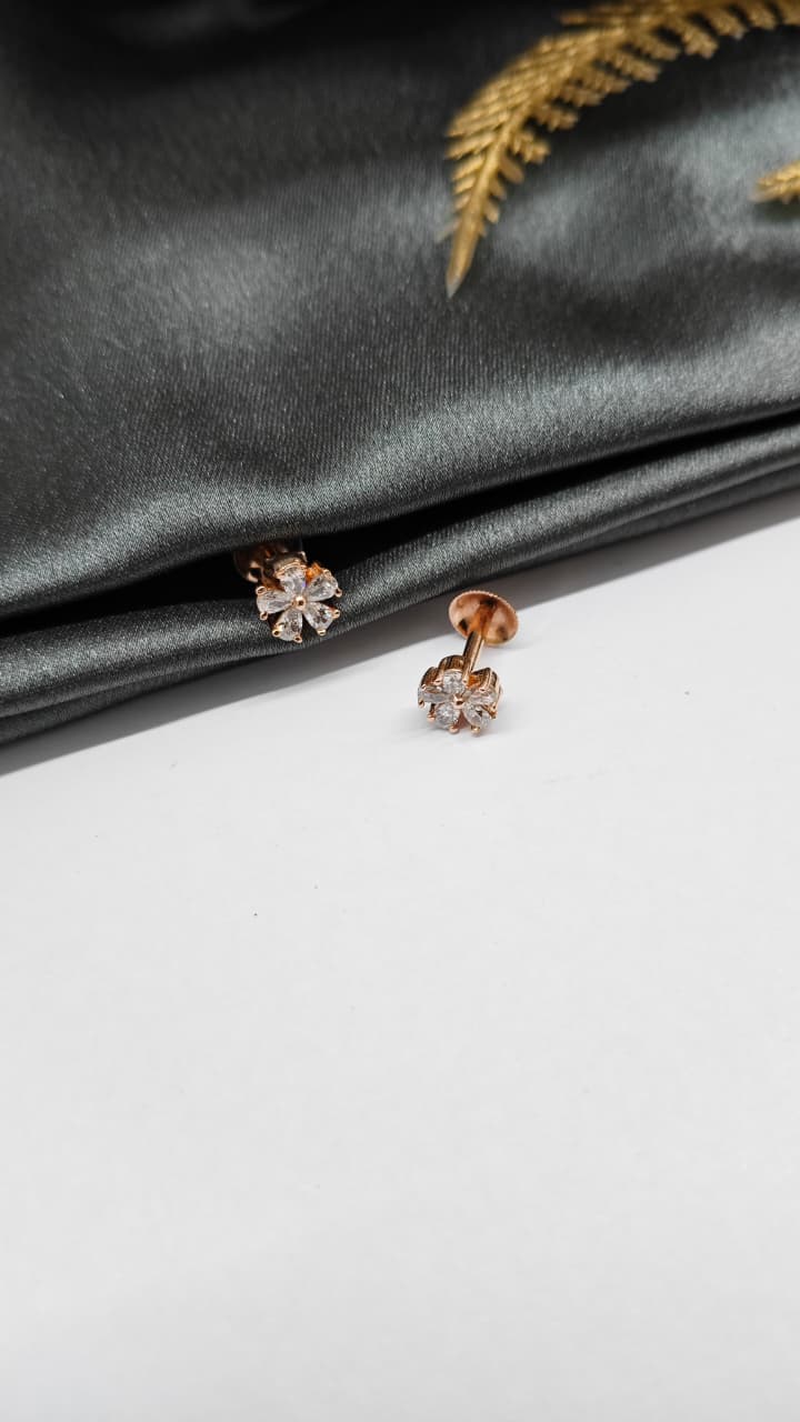 925 Silver Rose Gold 5 Stone Flower Design With White Stone Earrings
