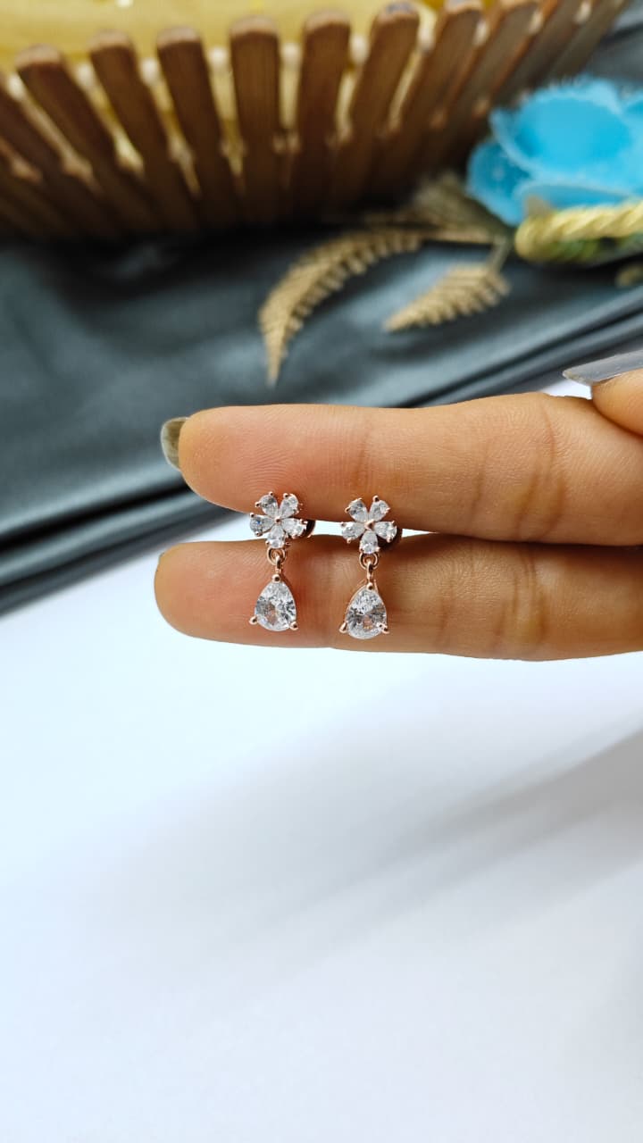 925 Silver Rose Gold Flower Hanging Multiple White Stone Design Earrings
