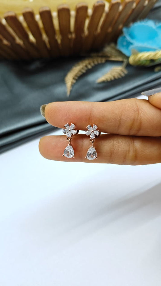 925 Silver Rose Gold Flower Hanging Multiple White Stone Design Earrings