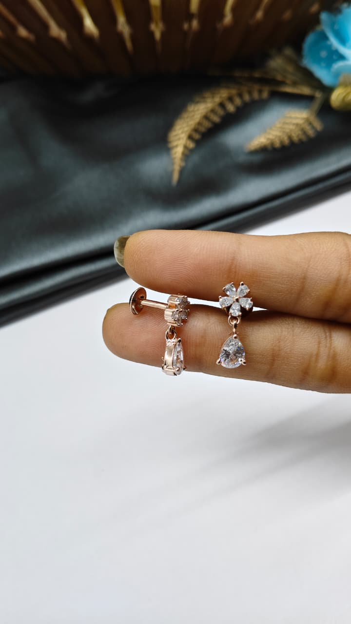 925 Silver Rose Gold Flower Hanging Multiple White Stone Design Earrings