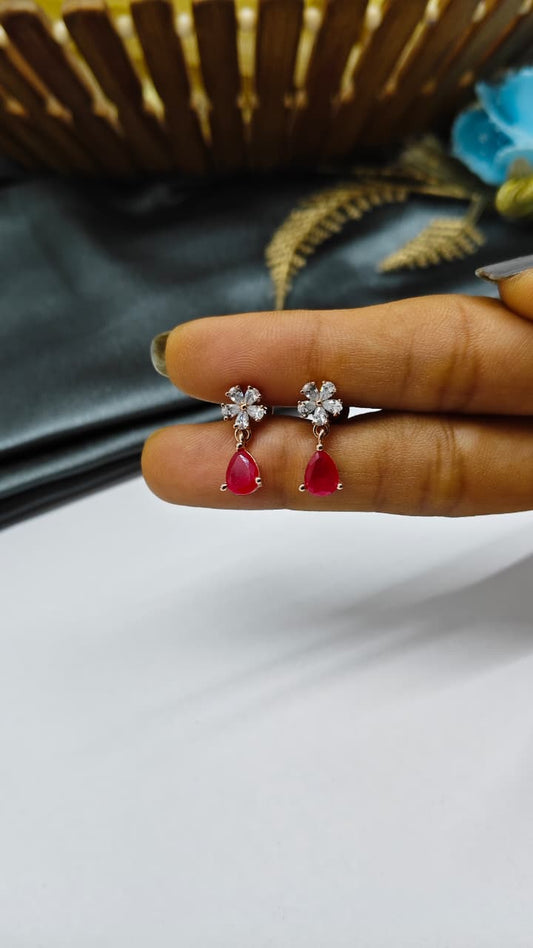 925 Silver Rose Gold Flower Hanging White With Red Stone Design Earrings