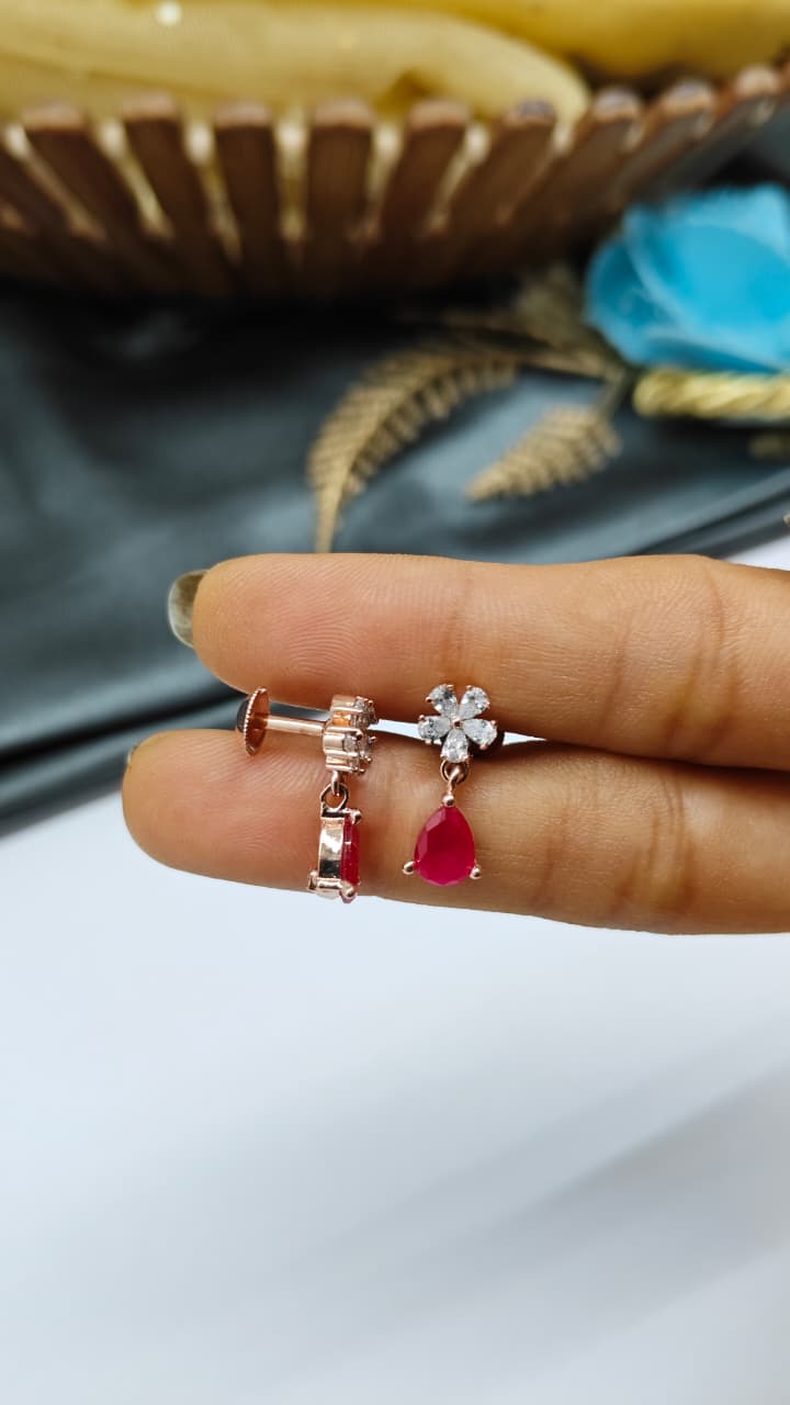 925 Silver Rose Gold Flower Hanging White With Red Stone Design Earrings