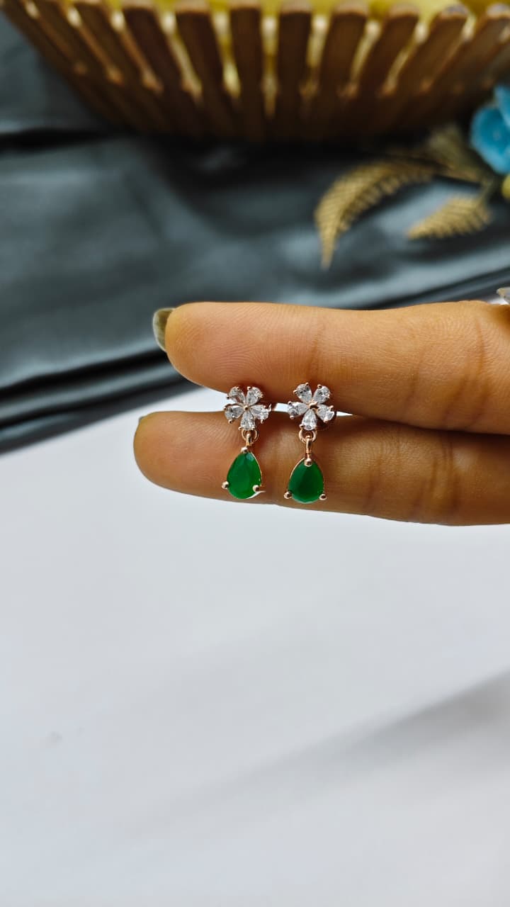 925 Silver Rose Gold Flower Hanging White With Green Stone Design Earrings
