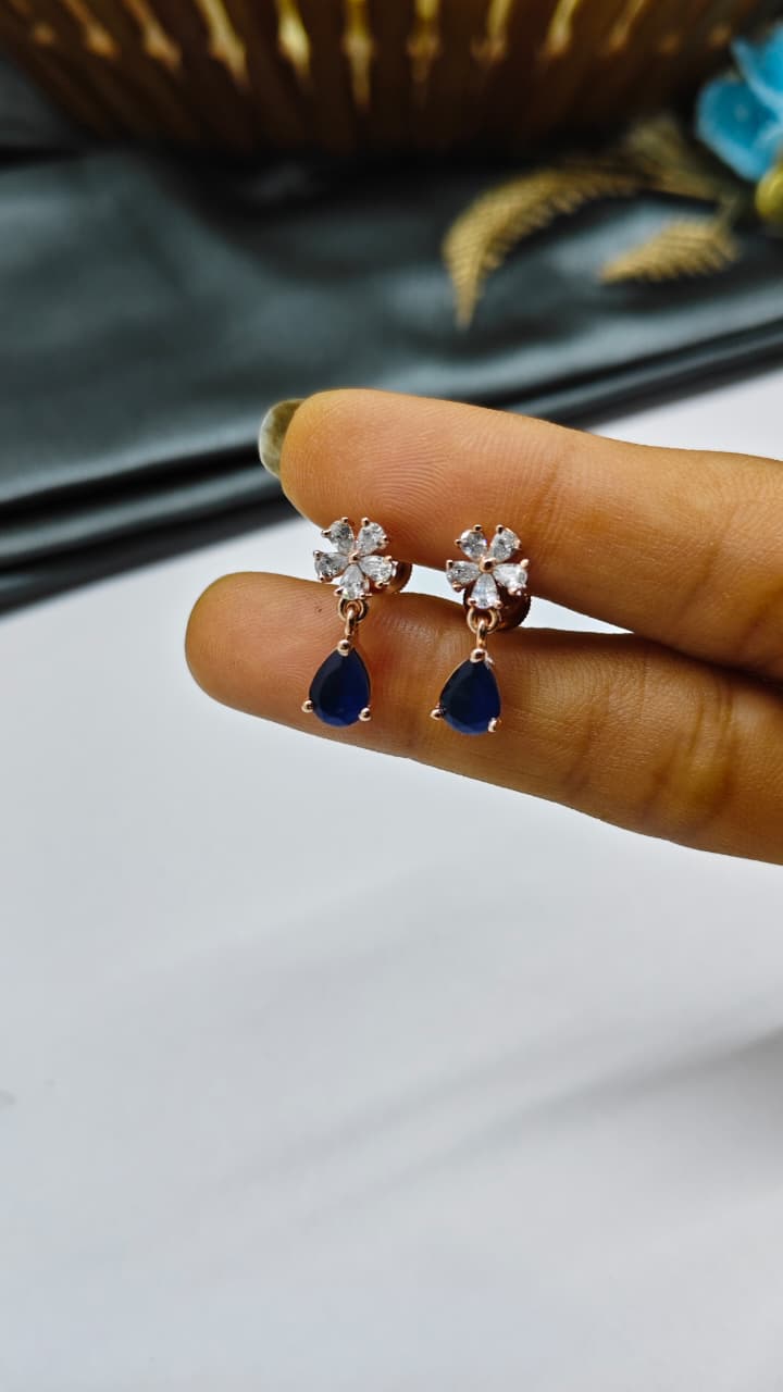 925 Silver Rose Gold Flower Hanging White With Blue Stone Design Earrings