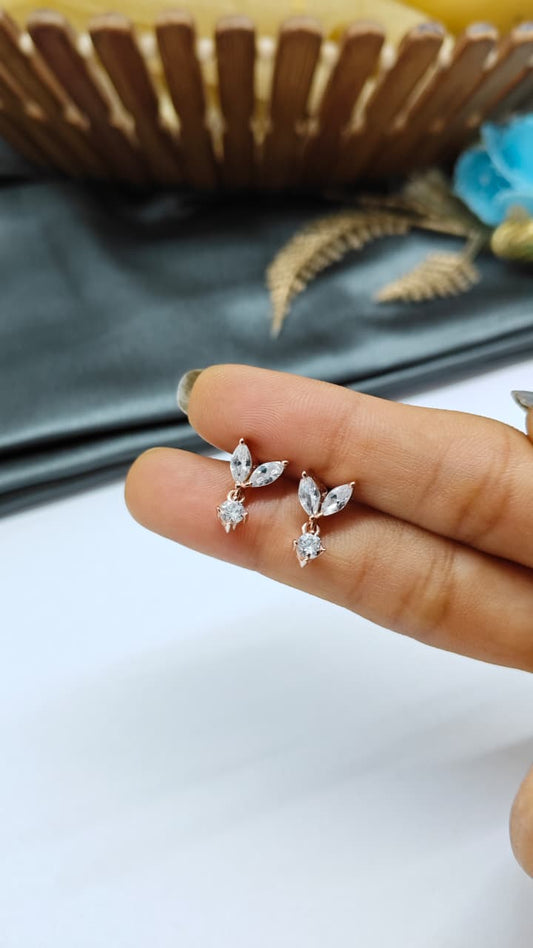 925 Silver Rose Gold 2 Butterfly Hanging White Stone Design Earrings