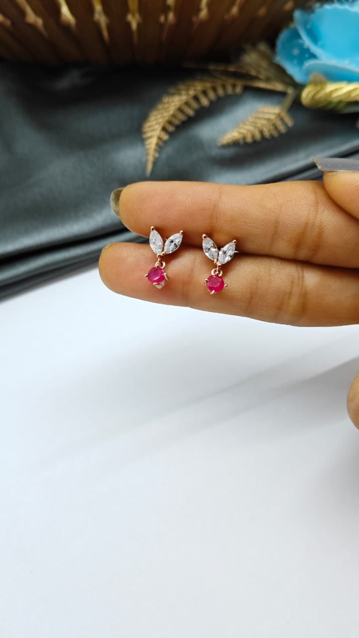 925 Silver Rose Gold 2 Butterfly Hanging White With Red Stone Design Earrings