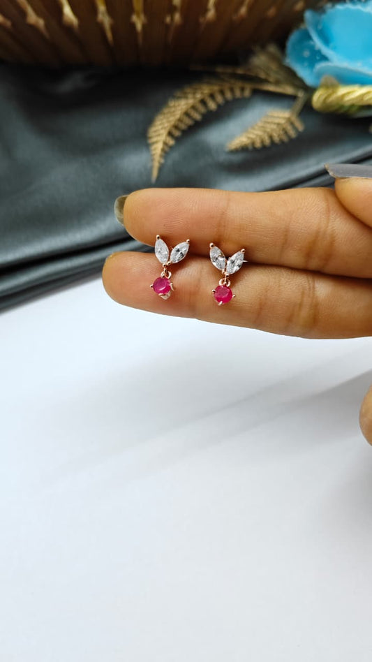 925 Silver Rose Gold 2 Butterfly Hanging White With Red Stone Design Earrings
