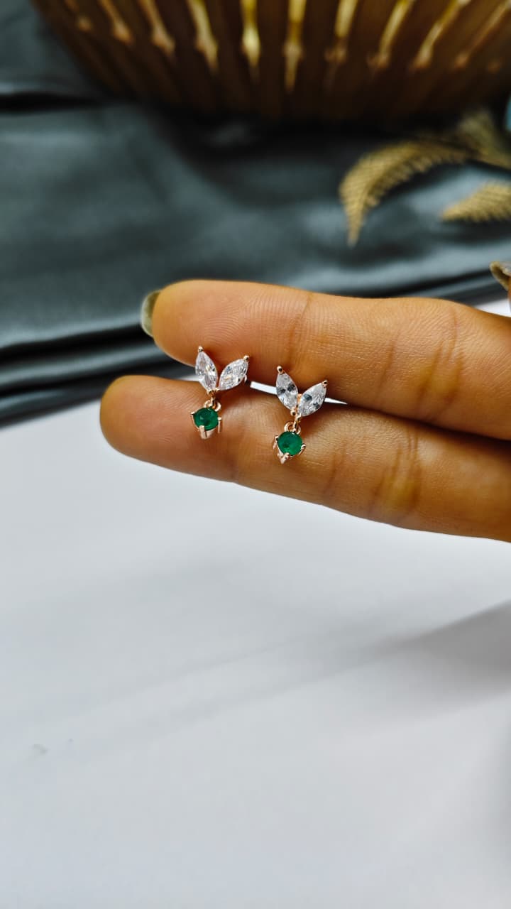 925 Silver Rose Gold 2 Butterfly Hanging White With Green Stone Design Earrings