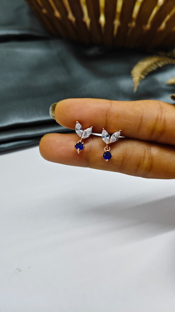 925 Silver Rose Gold 2 Butterfly Hanging White With Blue Stone Design Earrings