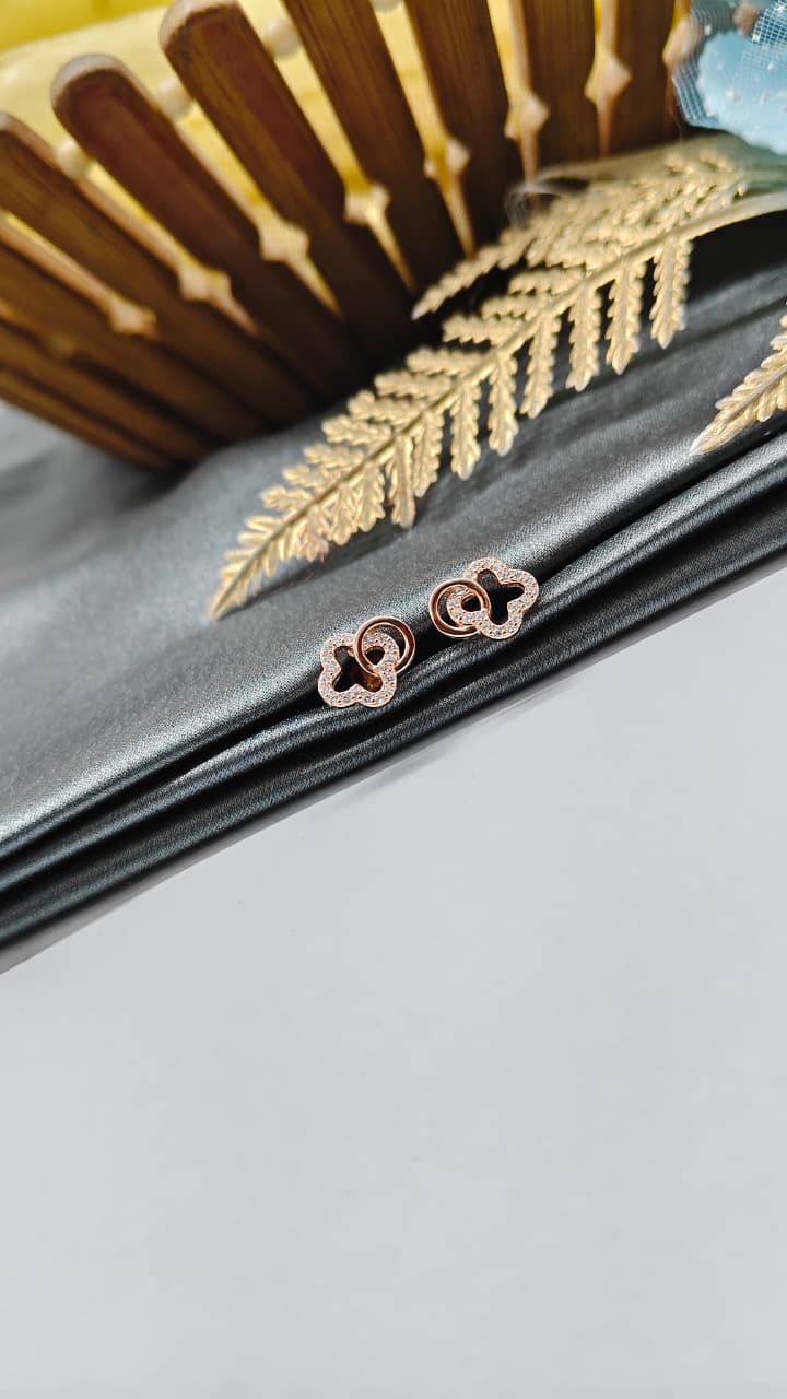 925 Silver Rose Gold Double Flower Design White Stone Earrings